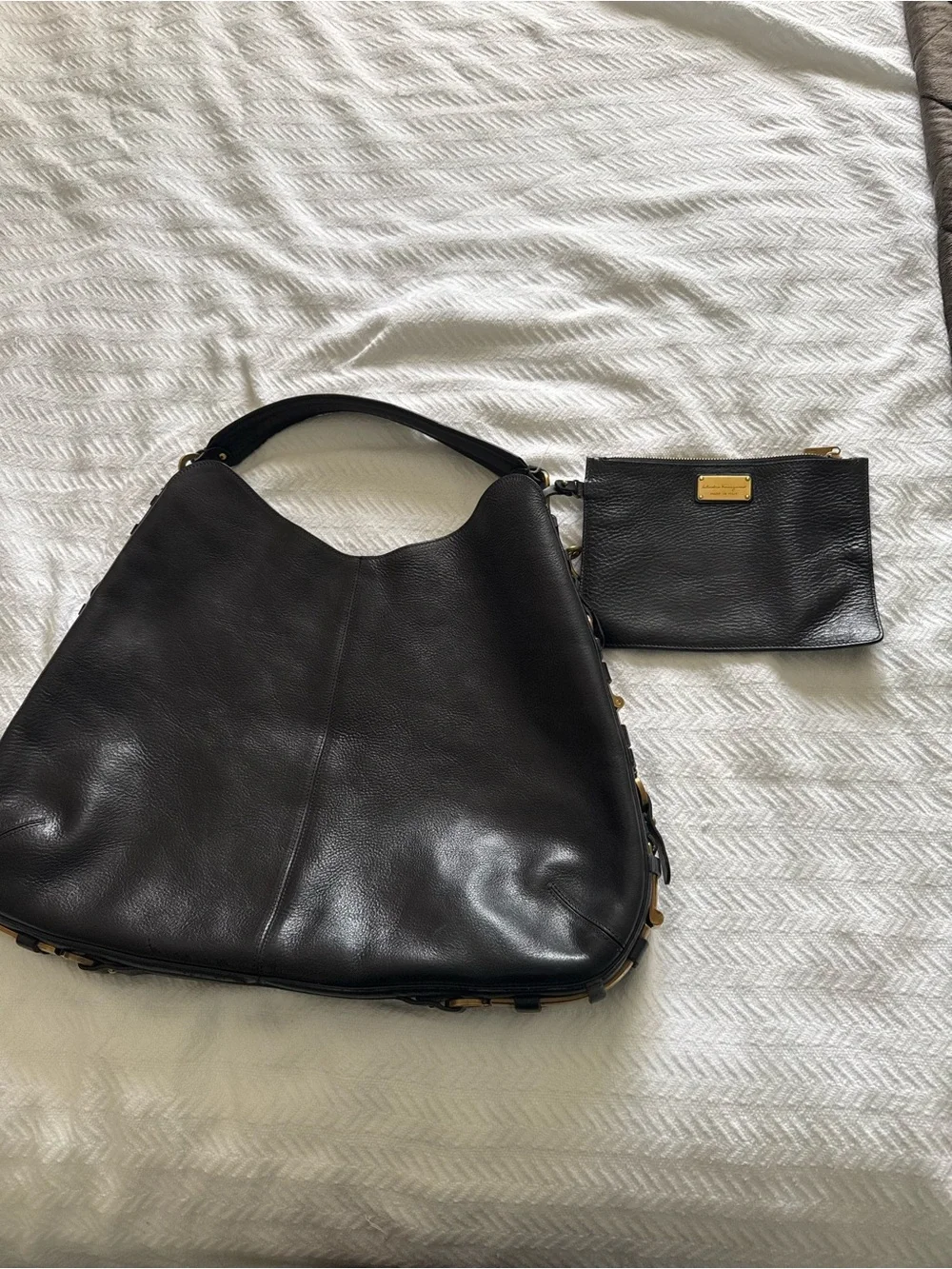 Black Salvatore Ferragamo Leather Shoulder Bag with Removable Pouch